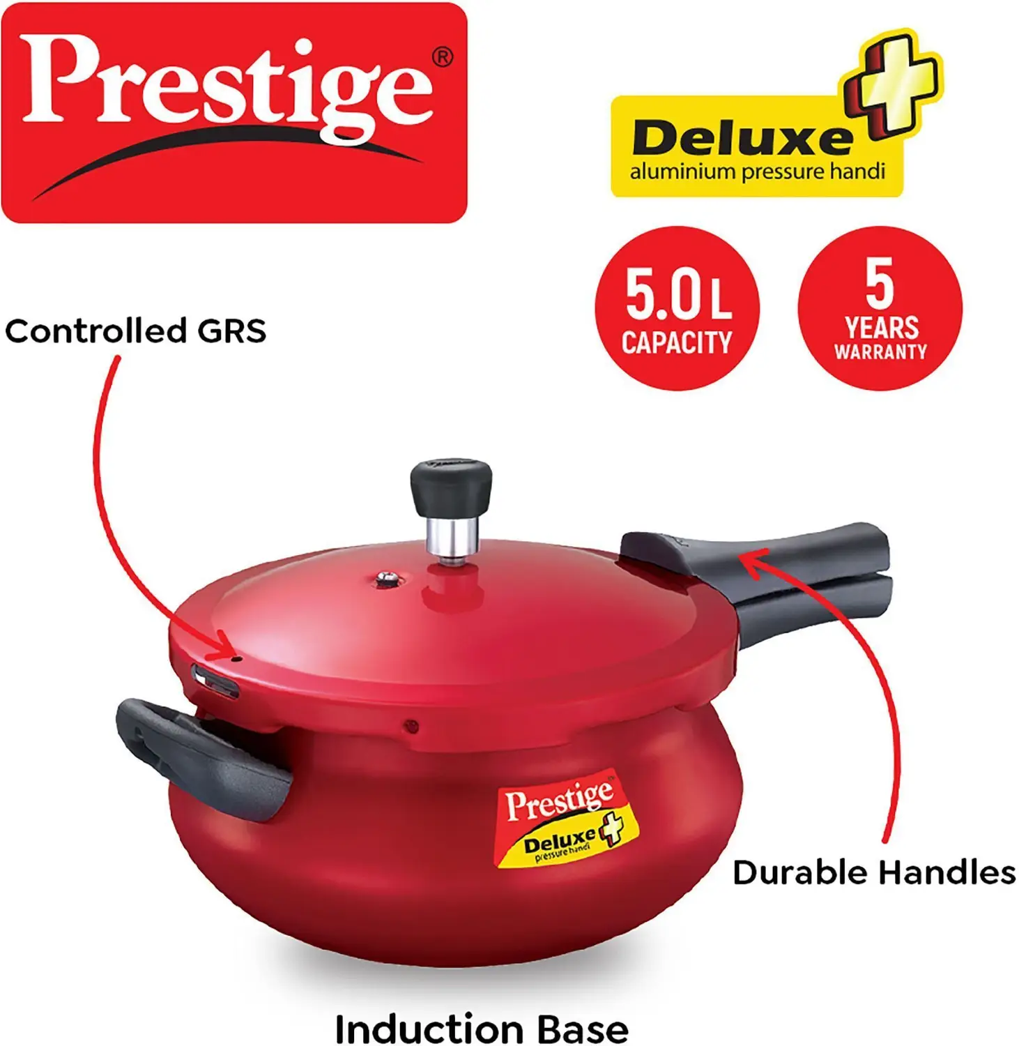 Prestige Deluxe Plus Aluminium Outer Lid Junior Pressure Handi, 5 Litre, Red - Alternate View